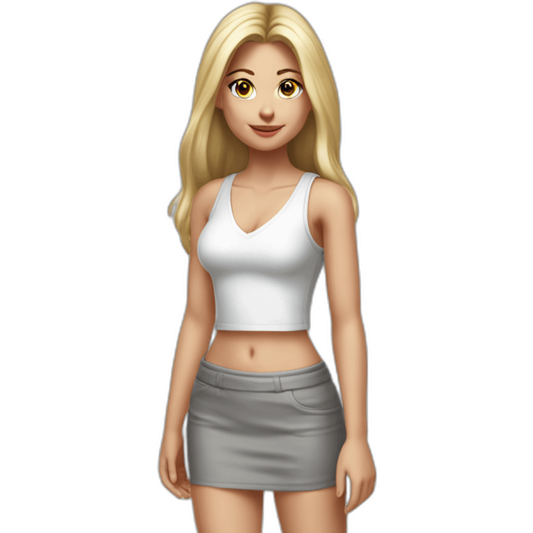 hyperrealistic caucasian blonde, long straight hair, white deep v-neck crop tanktop, gray tight mini skirt, walking body view emoji