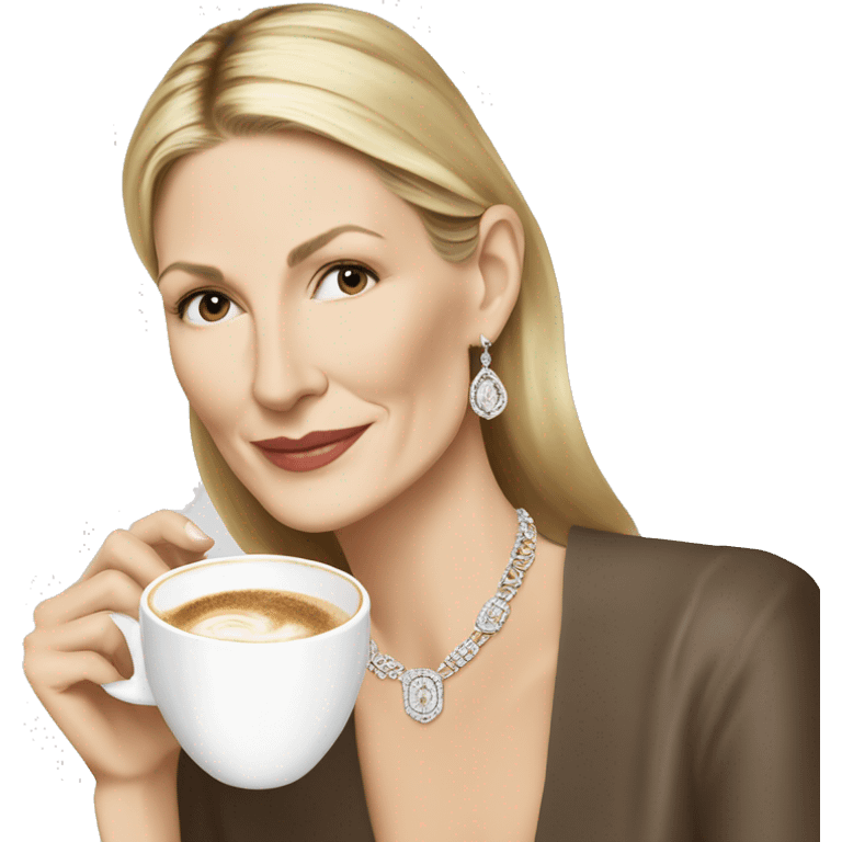 Kelly Rutherford with jewellery wearing white drinking cappucino emoji