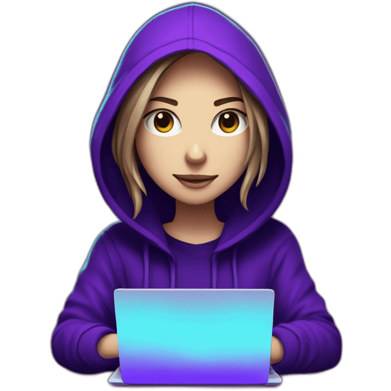  Girl artist behind his laptop with this style : Alan Walker Singer neon glowing bright purple character purple themed character emoji