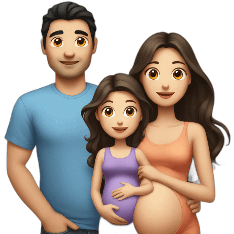 dad with black hair, pregnant mum with long brown hair, baby girl with light brown hair emoji