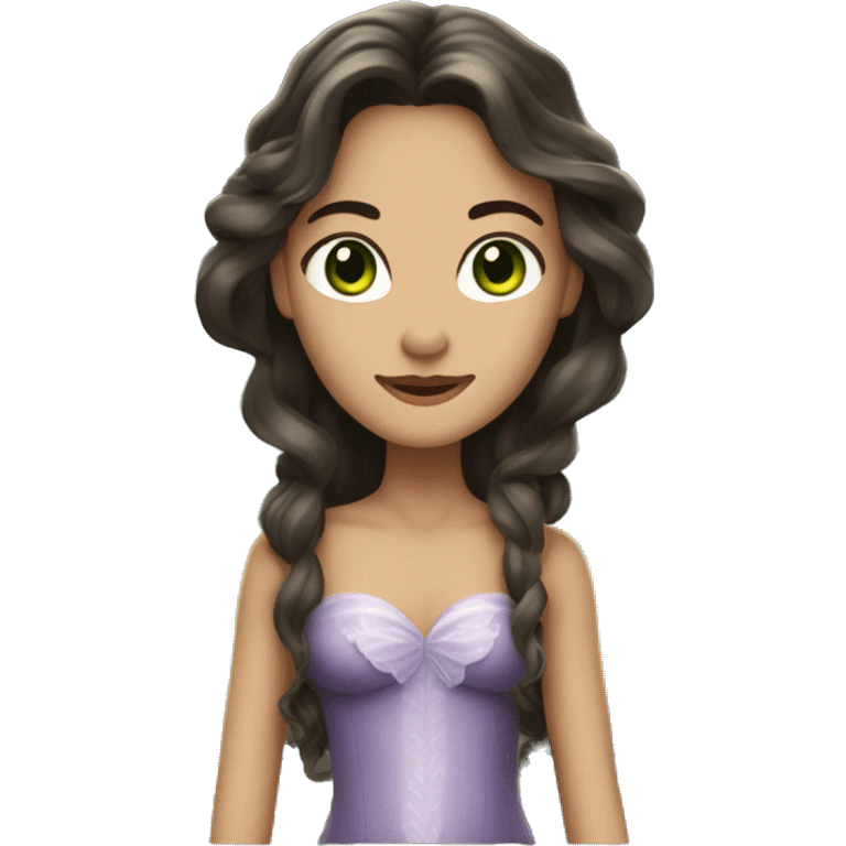 Brunnette woman with very long hair wavy style, dark green eyes And dressed as a fairy emoji