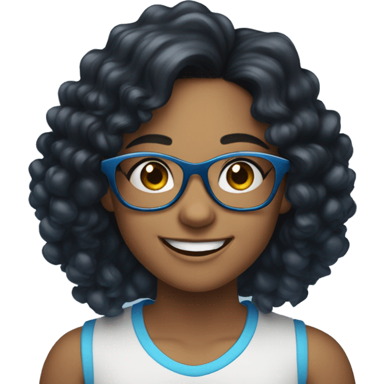 smiling girl with glasses indoors, she has long black curly hair with blue dyed ends emoji