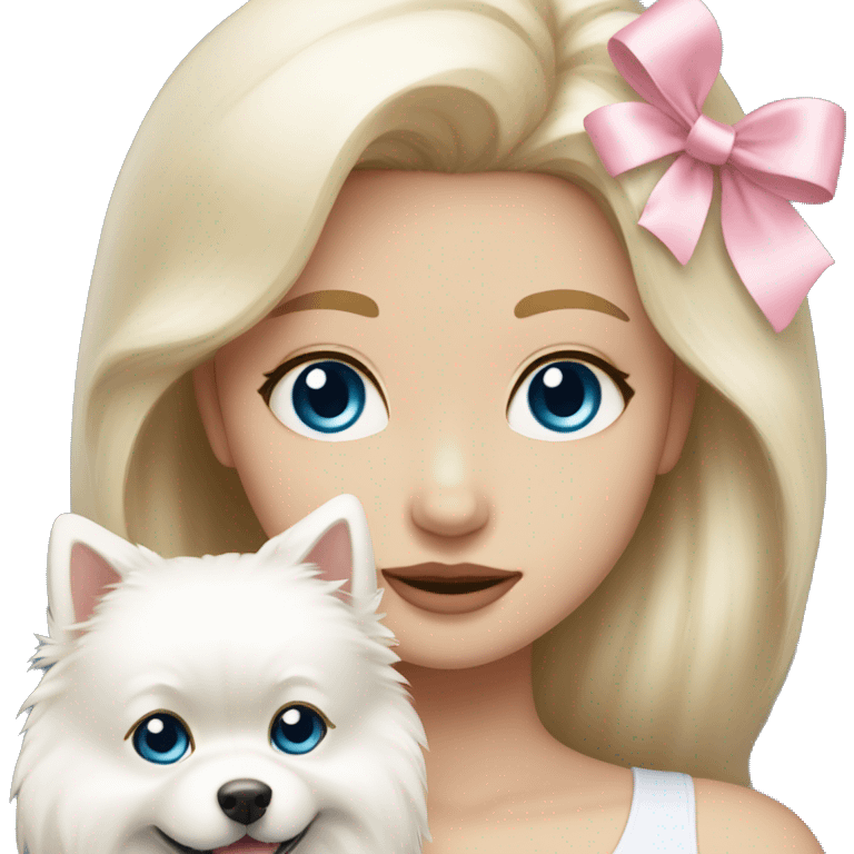 Blond girl white skin blue eyes hugging white Pomeranian with light pink bow emoji