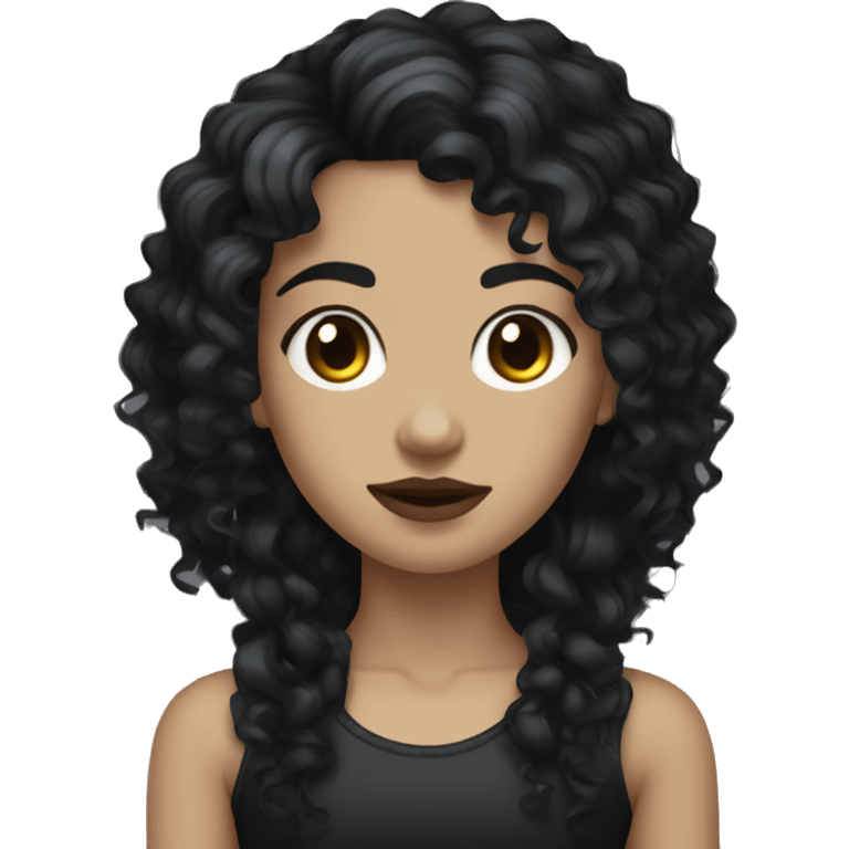 Goth girl with light to medium skin tone, dark brown eyes, and a black curly mullet emoji