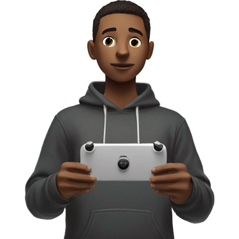 a full body male teen in hoodie standing, holding a game controller, looking up to a flying DJI drone emoji