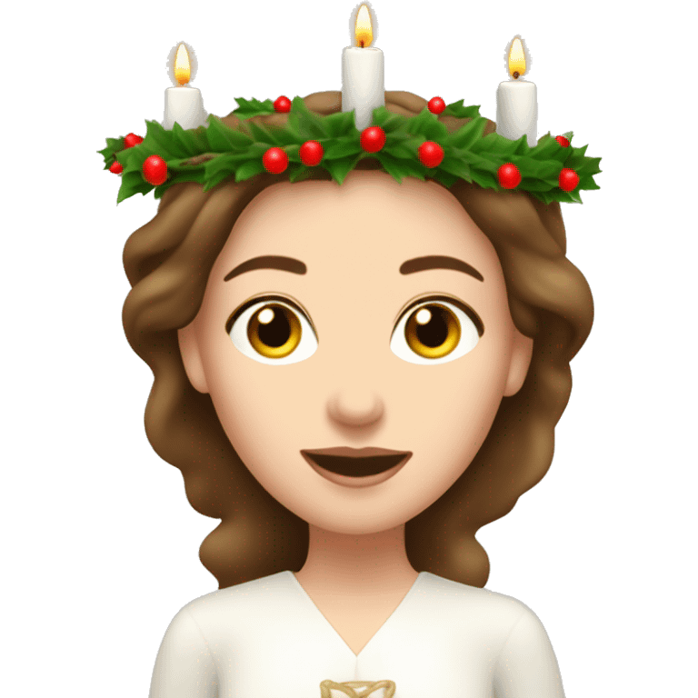 brown haired white women with white gown and advent wreath with candles on the head emoji