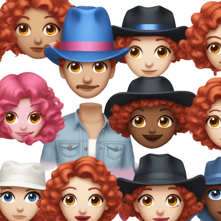 smiley with curly red hair, pink cowboy hat, white geisha makeup and big blue eye shadow emoji