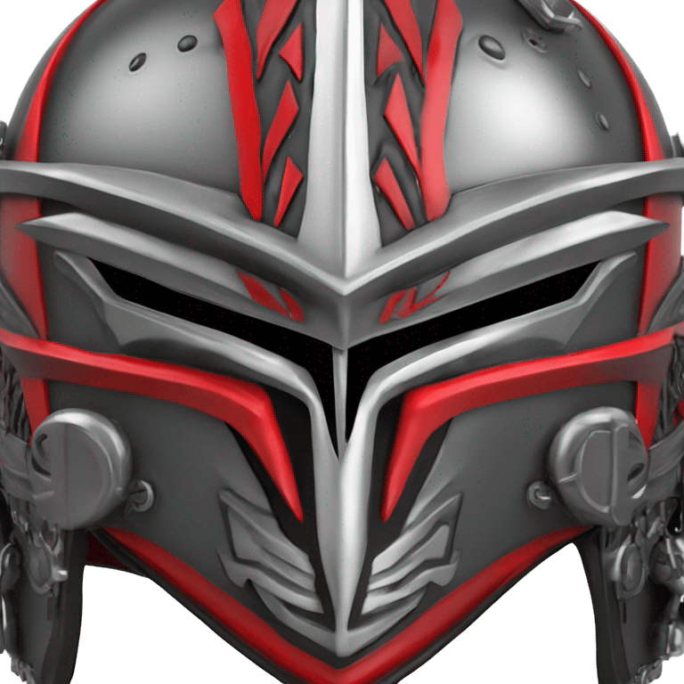 Texas-tech-red-raiders tribal artwork covered  T logos in gunmetal on battle helmet on top  tall steampunk gothic Mohawk in multi  color Logo T in hint of shiny silver 3d emoji