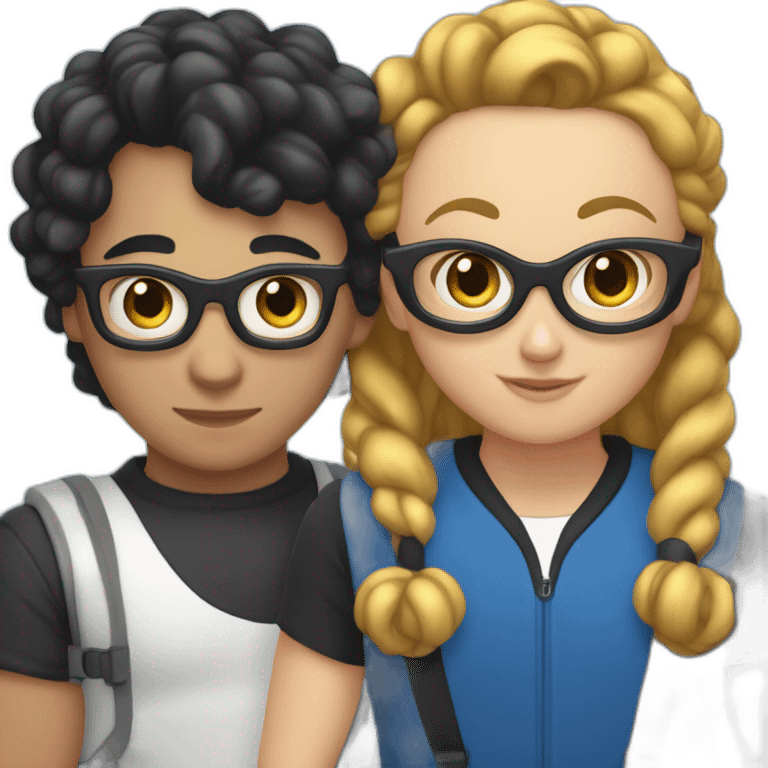  a white Boy with black hair and curlers, and with glasses on, and a white girl with long brown hair wearing a blue diver hugging each other emoji