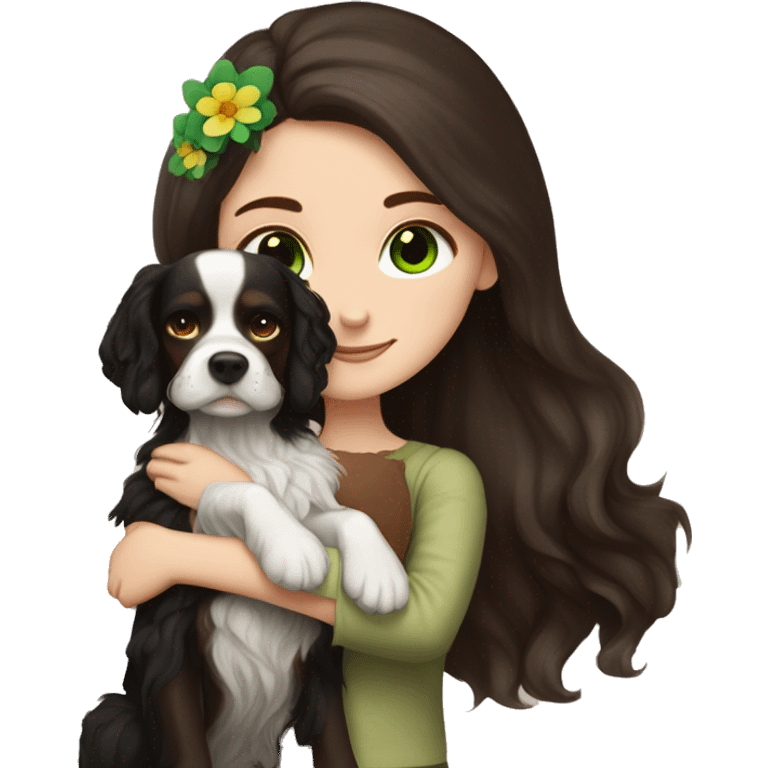 pale skin girl with green eyes with long dark brown hair that has a flower in her hair  holding a black and brown cavalier dog the dog also has a flower in its hair emoji