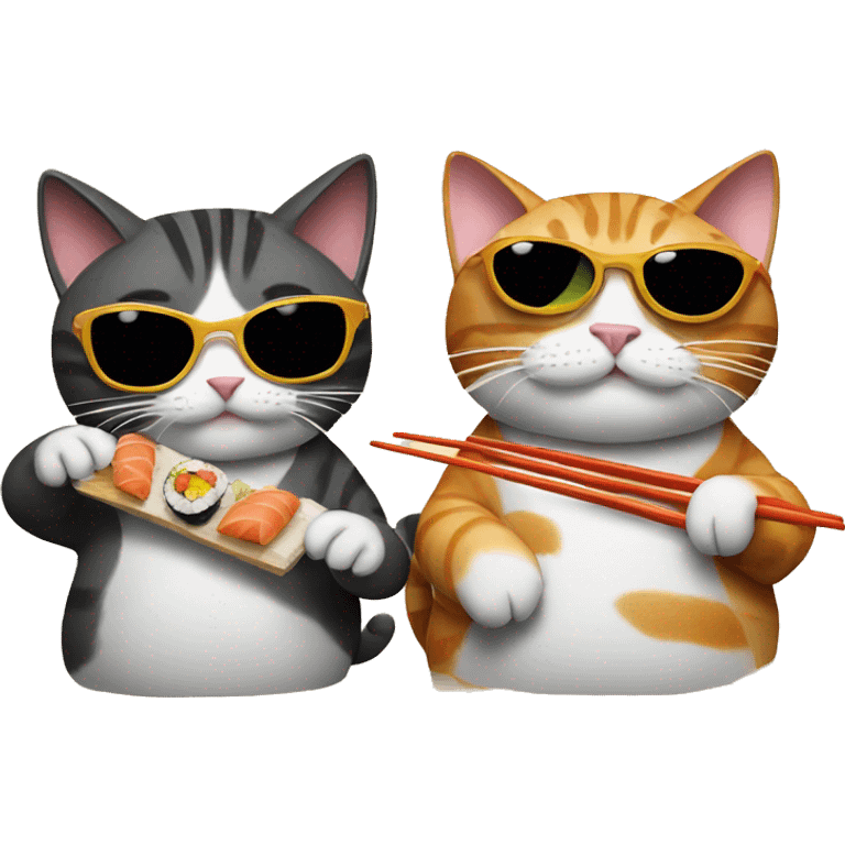 two cats wearing sunglasses and eating sushi emoji