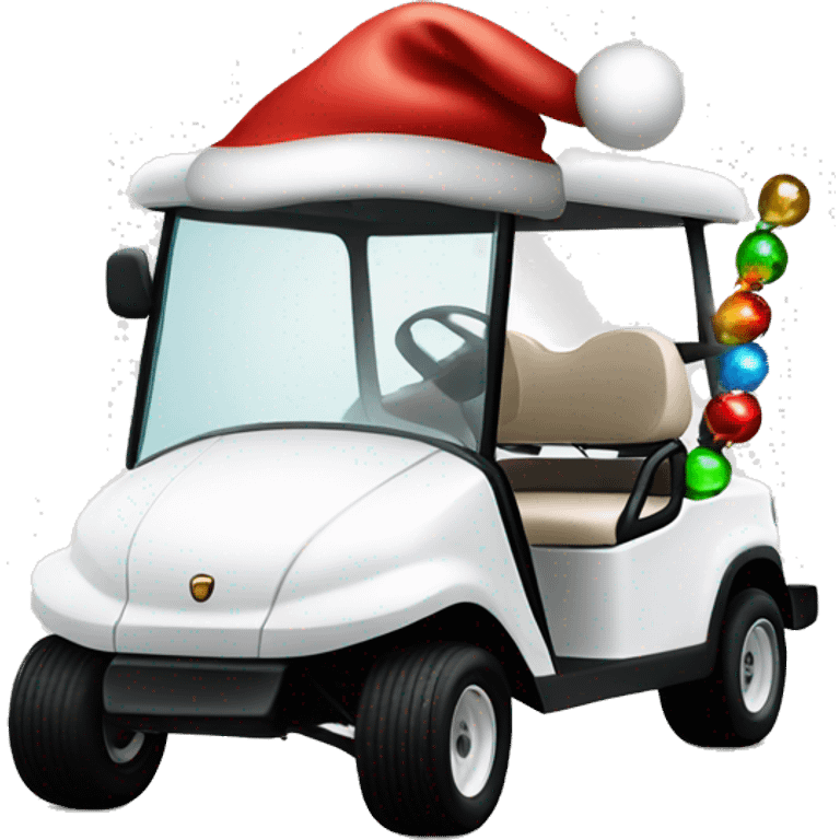 White golf cart with holiday lights, and Santa hat on top emoji