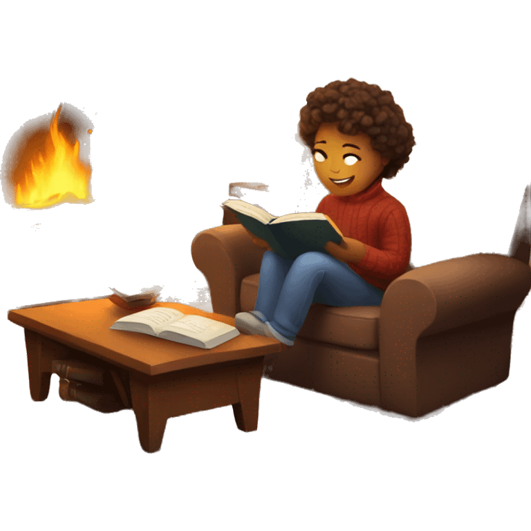 Cozy fireplace reading book emoji