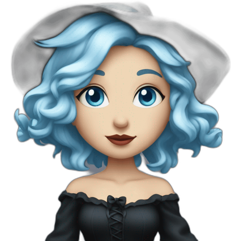 Blue-haired blue-eyed witch in black full skirt full length emoji