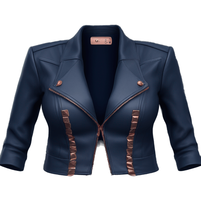  Realistic isolated open front Navy blue leather bolero jacket with rose gold fasteners.  emoji