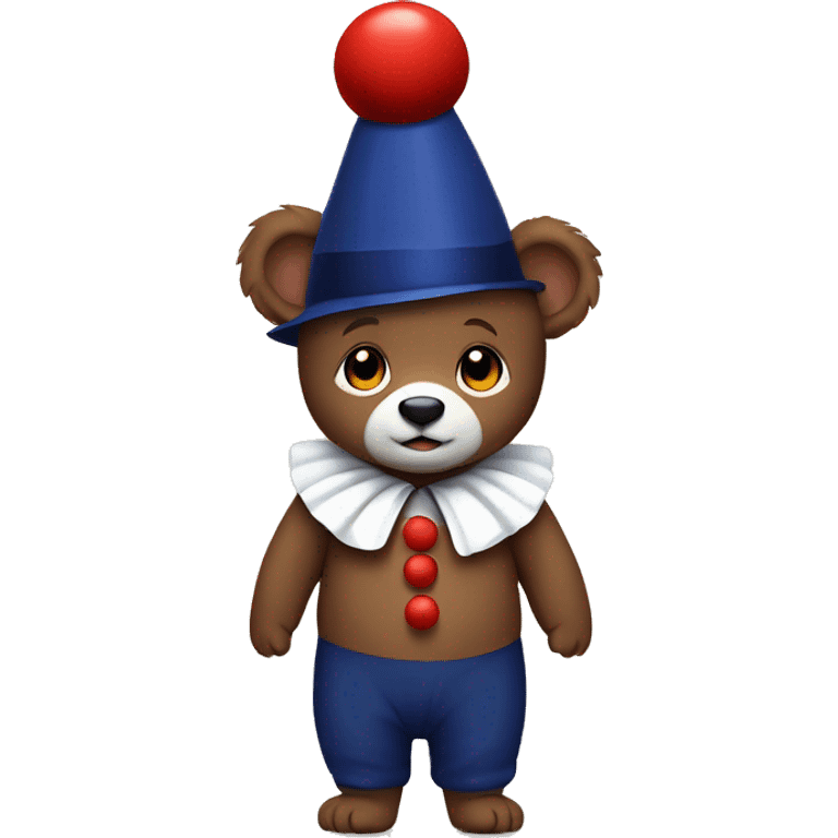 Brown baby bear. Clothes are Red White and Navy. Wearing jester collar and a clown hat.  emoji