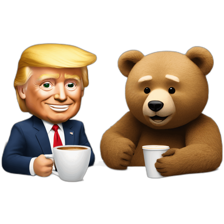 Trump caricature and a Ted Bear as radio talkshow hosts having coffee emoji