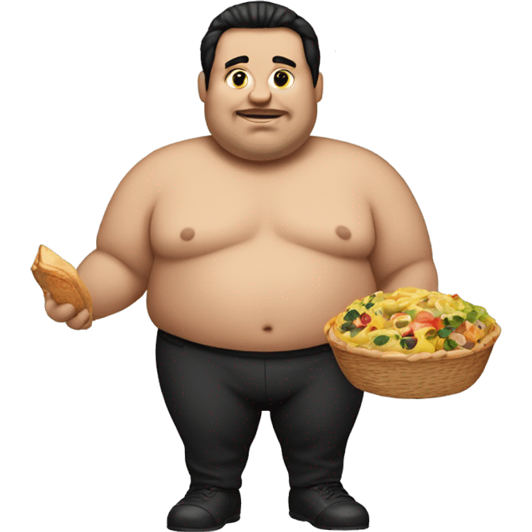 Super fat man with black hair holding food emoji