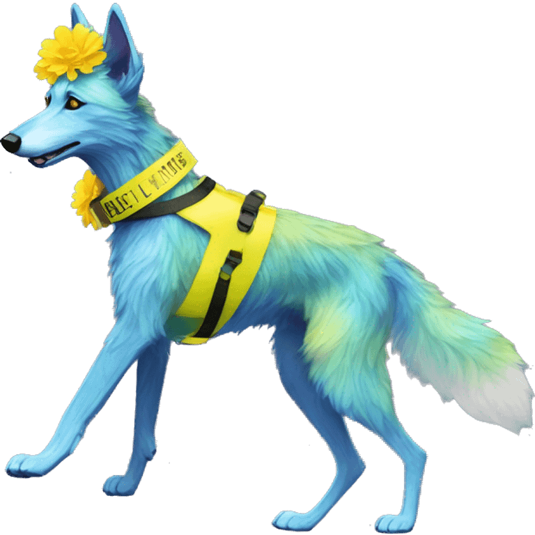  brindle fluffy lurcher fox running blue eyes fluffy ears and iridescent holographic oilslick harness wearing paper flower crown yellow caution tape neon sign emoji