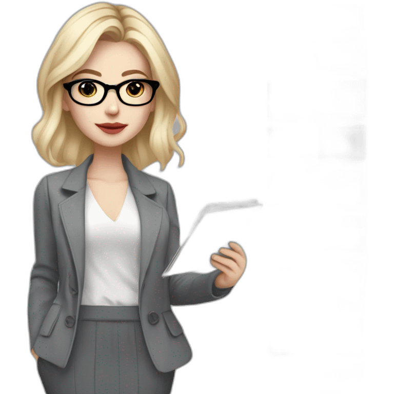 full height pale skin woman with cold blonde hair, Cara haircut, White blouse, Gray oversize jacket, Gray skirt and metal glasses holding a color palette in the hands of a color palette emoji