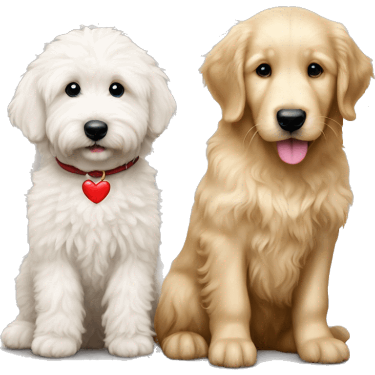 Make one of a white fluffy goldendoodle and a puppy golden retriever with a heart between them emoji