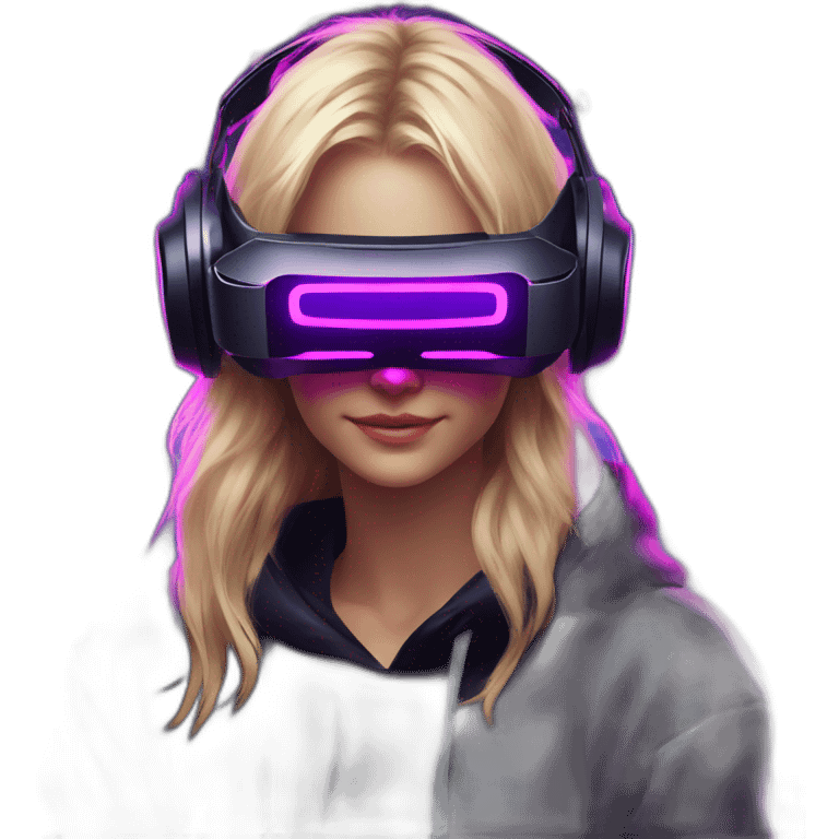 Russian blondy girl celebrating her birthday wearing a black hoodie and VR headset in a cyberpunk VR environment with violet neon lighting emoji