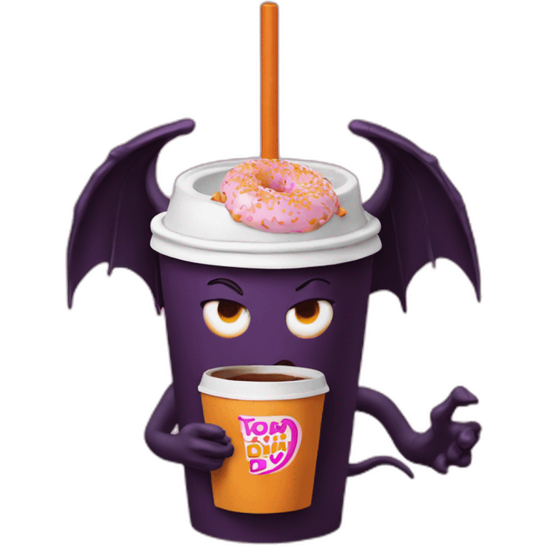 a demon holding a dunkin donuts coffee cup emoji