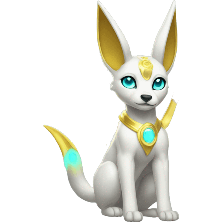 Shiny White Angelic Electric Albino Umbreon. cyan eyes and cyan markings. Golden Anubis-rings. full body emoji