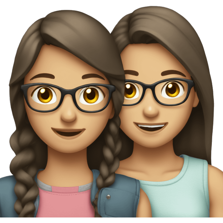 two brunette teenage girls hugging each other one with braces other with clear glasses emoji