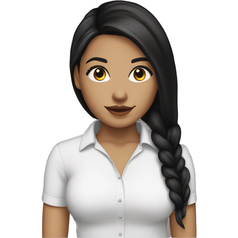 white female with long black hair, long lashes, hoop earrings, back shirt emoji