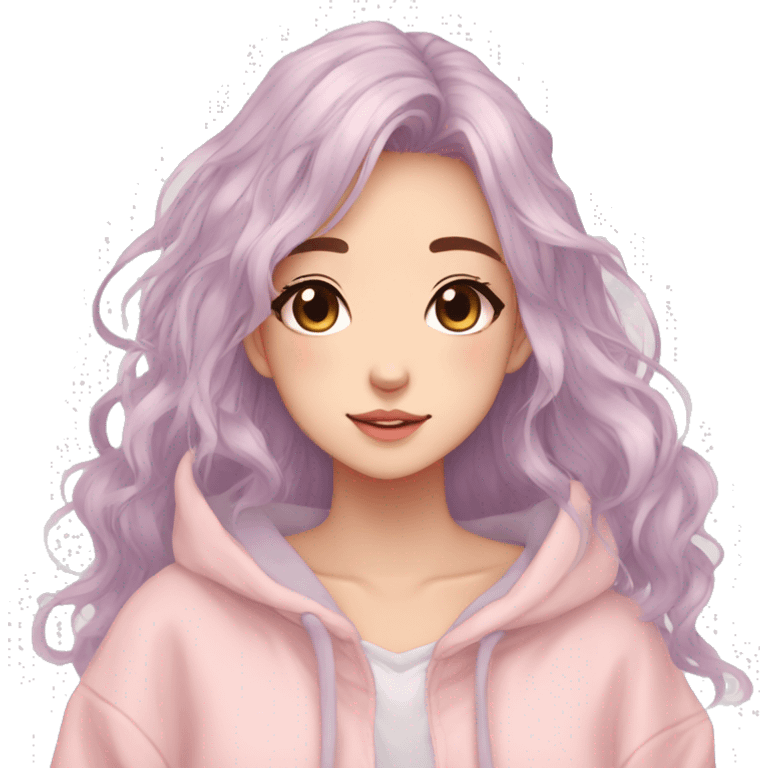 Gorgeous pastel anime girl with blushing face and hair garnitures and pretty hair and a hoodie aesthetic trending style emoji