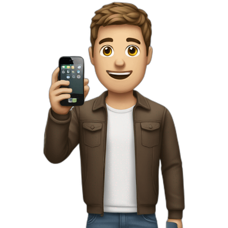 A guy holding a iphone emoji