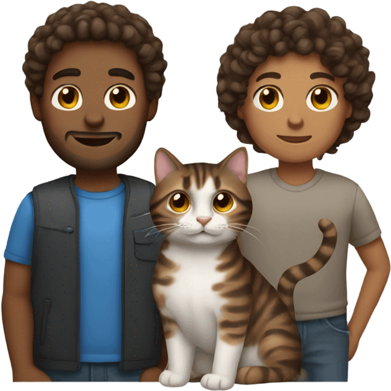 Man with brown curly hair holding dark brown tabby cat emoji