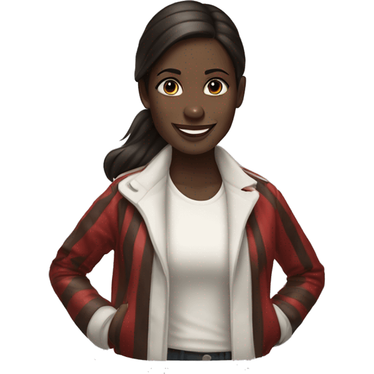 Portrait of an adult girl, dark skin, dark long straight brown hair, dark eyes, smiling, wearing a white jacket with red horizontal stripes. emoji