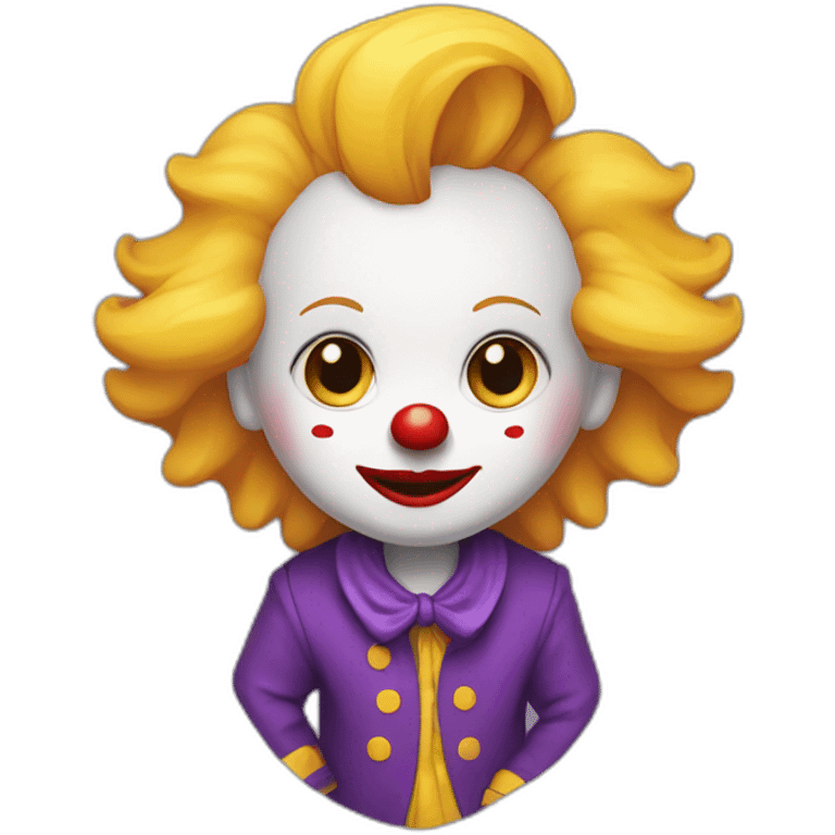 child clown with yellow hair, white complexion with red cheeks, arched black eyebrows and purple jacket emoji