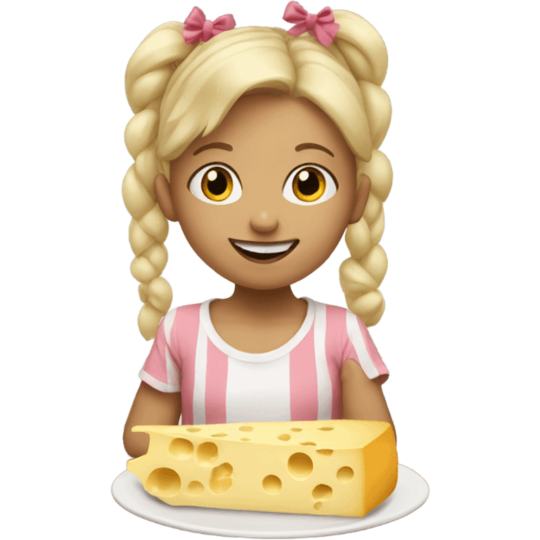 Blonde child with pigtails with bows eating cheese emoji