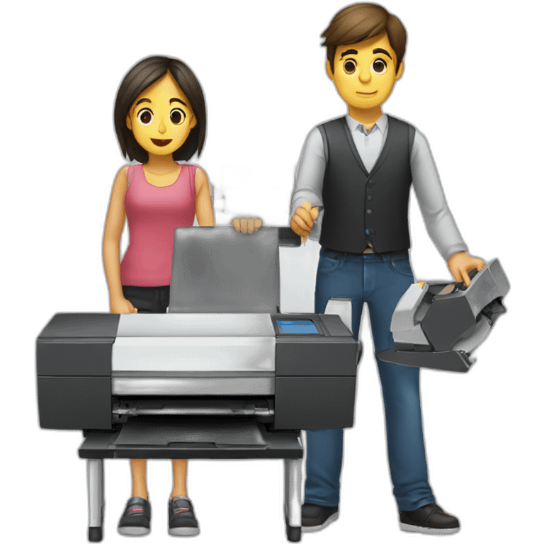 a boy and a girl with a large printer full of copies, both are exhausted emoji