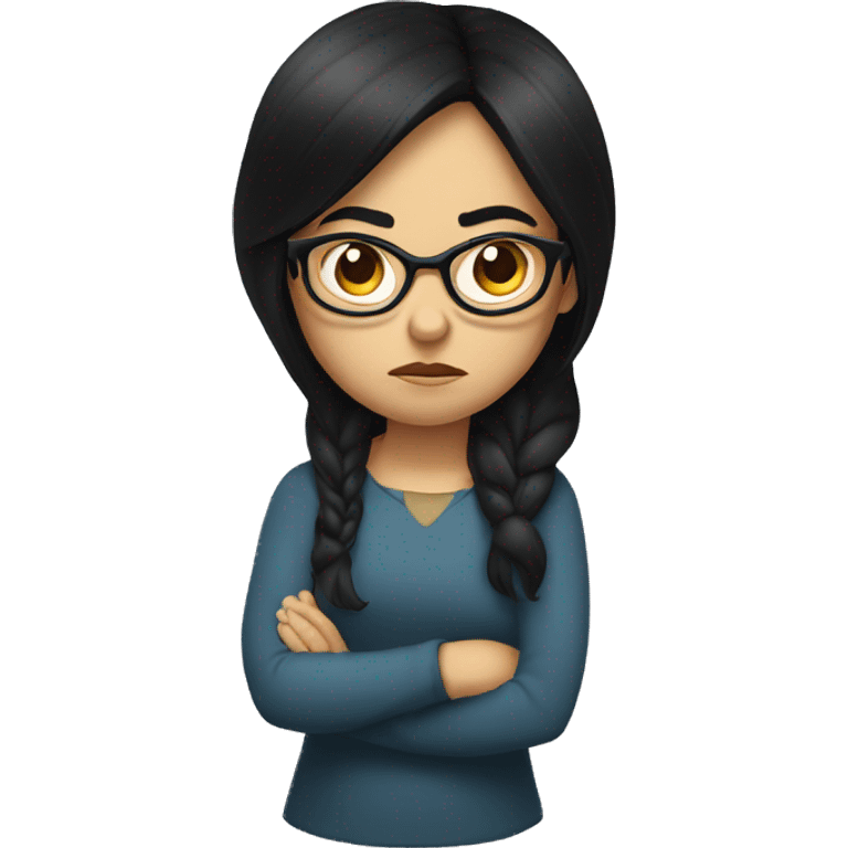 Angry scowling girl, long black hair, wearing glasses, with arms crossed over chest. emoji