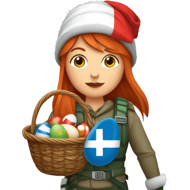 red hair female winter mountaineer with red Easter egg basket and Greek flag emoji