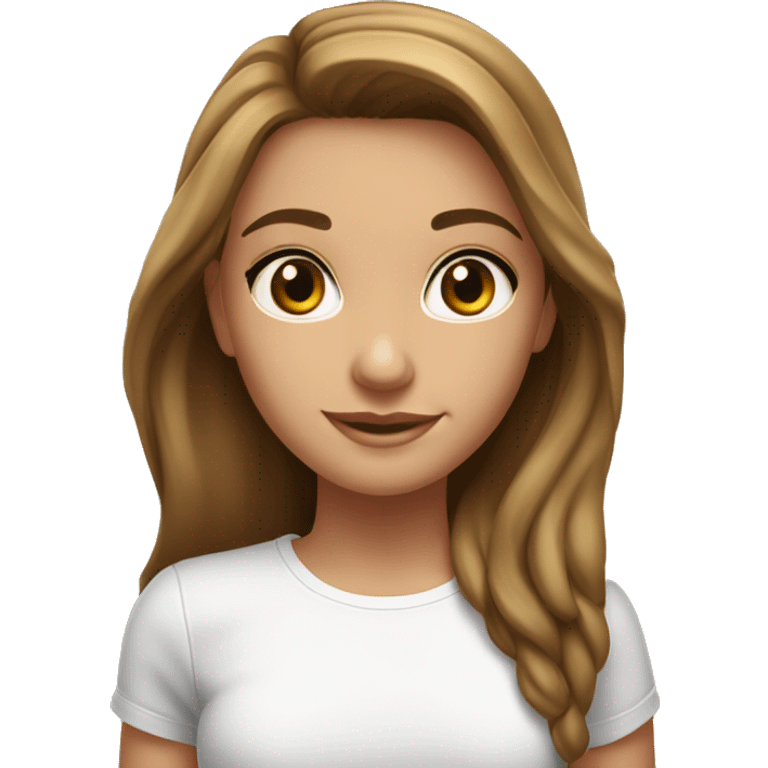 
brunette girl, big hazel eyes, shiny hair, tanned complexion, good health, white t-shirt emoji