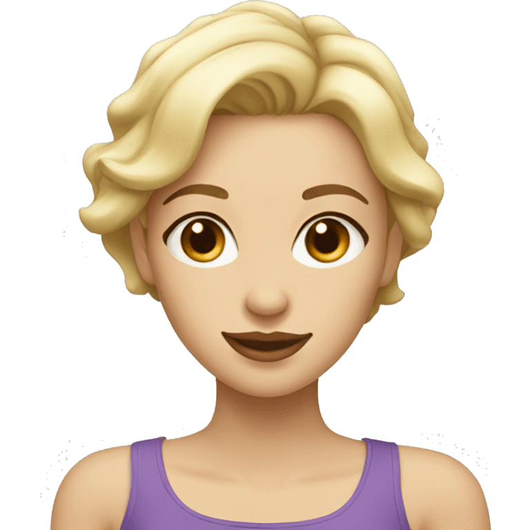 Beautiful girl with short blonde hair, thin lips, thin eyebrows, smiling. emoji