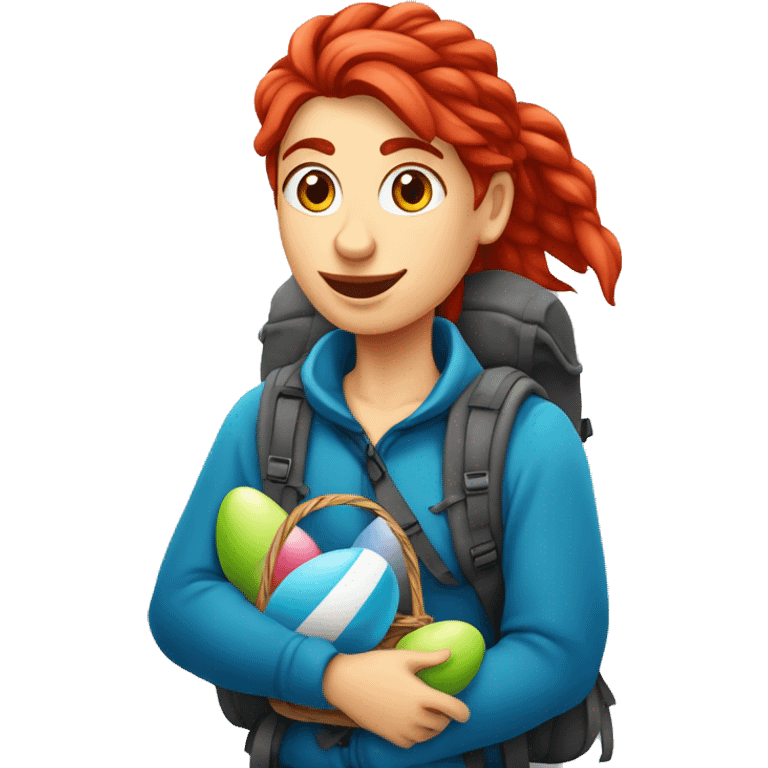 Female winter mountain climber red loose hair climbing with Greek flag on backpack and holding Easter eggs basket emoji