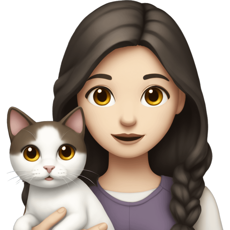 A pale girl with dark brown hair and dark brown eyes holds a white cat in her hands emoji