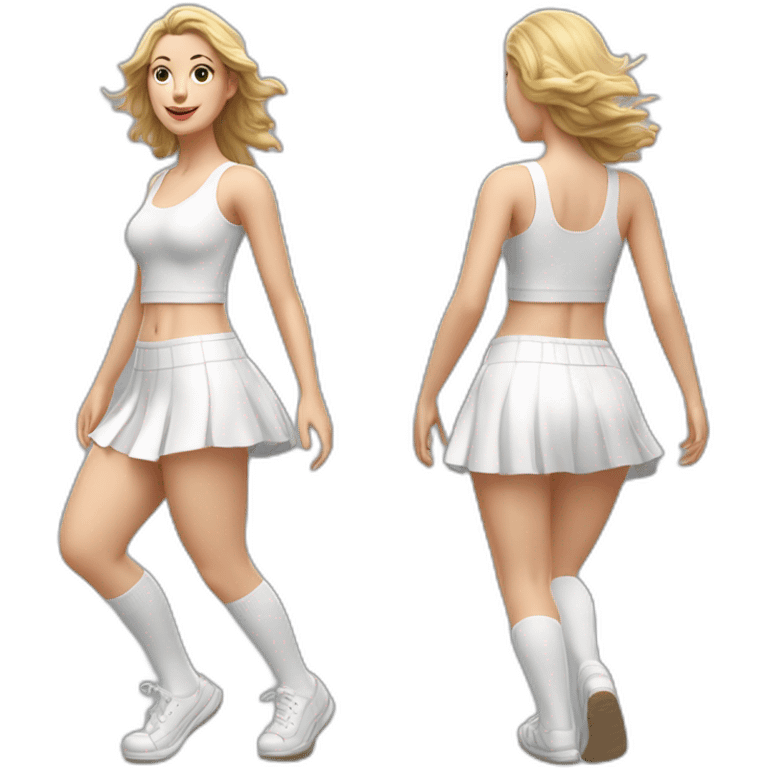 Hyperrealistic Full body Caucasian curvy beauty jumping short white skirt back and front views strong wind knickers long white socks emoji