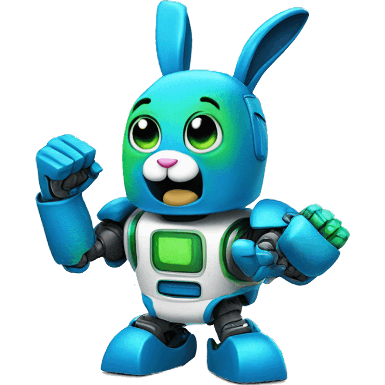 a blue and green robot rabbit has a fist in the air emoji