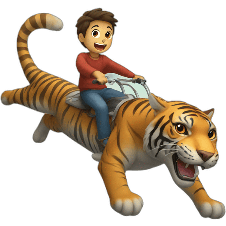 A boy flying on a flying tiger emoji