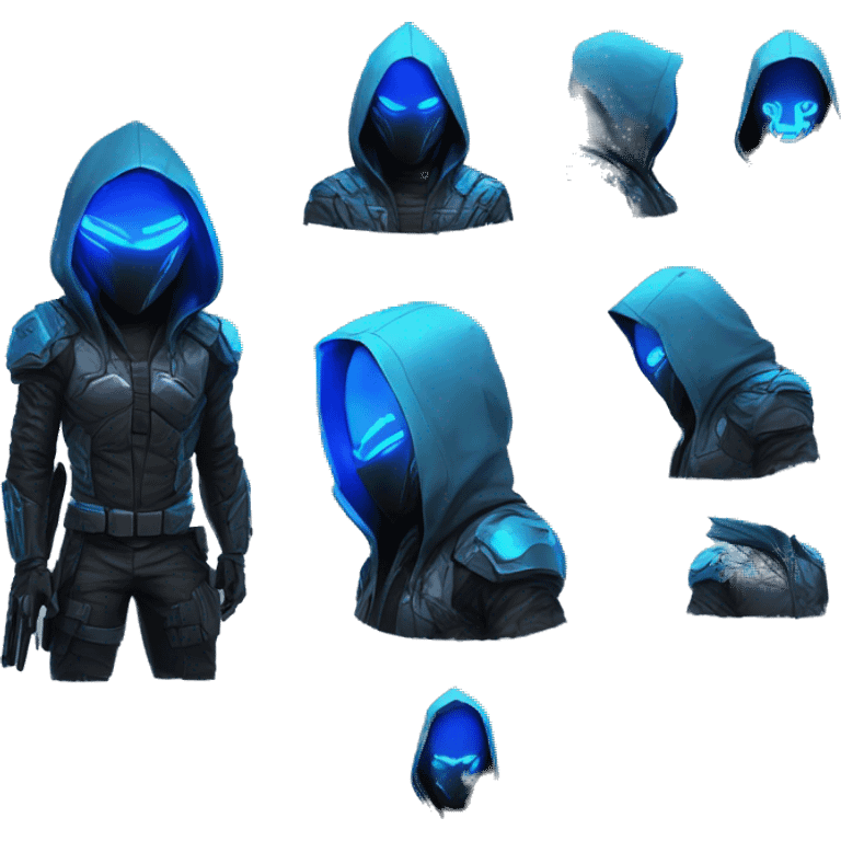 developer behind his laptop with this style : crysis Cyberpunk Valorant neon glowing bright blue character blue black hooded assassin themed character emoji