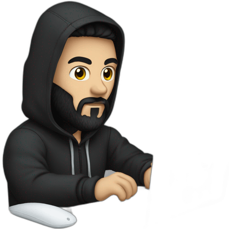 Hacker man with a black beard typing on apple computer wearing a black hoodie emoji