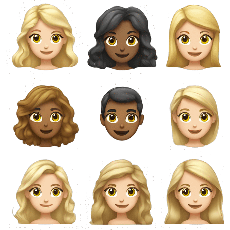 rubia, cabello rizo rubio, ojos verdes, cara angelical, sonrisa tierna, lunar en cachete derecho emoji