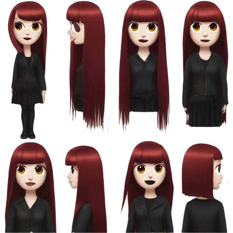 goth dressing woman that has pale white skin and Long Dark Red hair and has dark red fringe bangs emoji